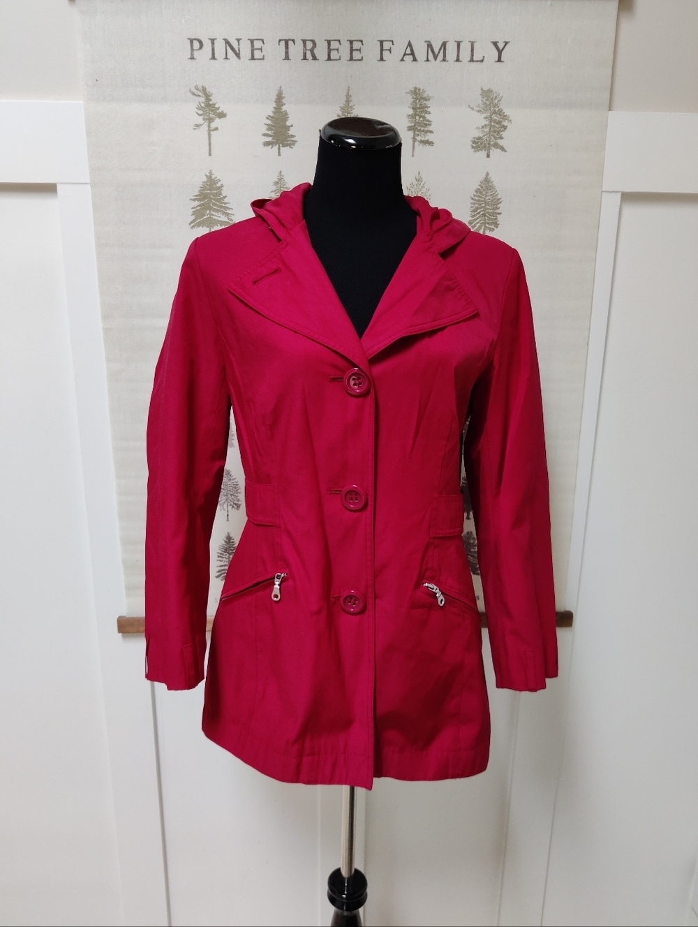 Jessica Red Hooded Trench Coat Jacket | Size M (10-12) Mid-Length Spring Parka